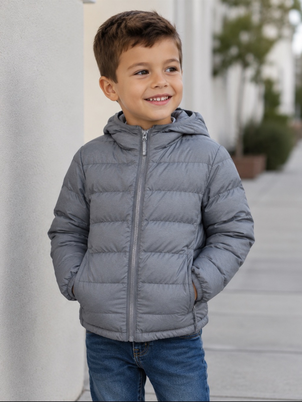 Uniqlo Kids Gray Hooded Puffer Jacket Size 5/6 Full Zip Winter Coat